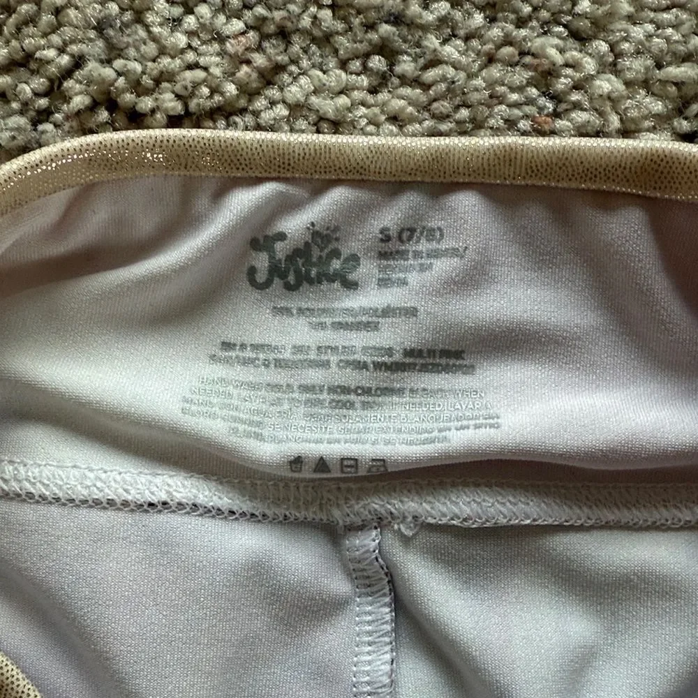Justice Girls Size 7 Floral Leggings Pink Stretch Pants Gold Elastic Waist